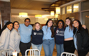lasell students in blue female students in lasell shirts